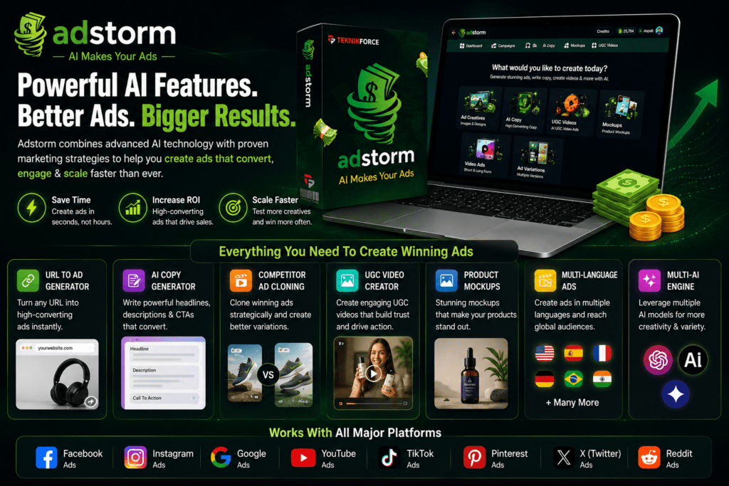 Adstorm AI features showcase banner displaying the Adstorm dashboard, product box, laptop mockup, URL-to-ad generator, AI copy generator, competitor ad cloning, UGC video creator, product mockups, multi-language ads, and multi-AI engine for marketers, agencies, ecommerce sellers, and business owners.