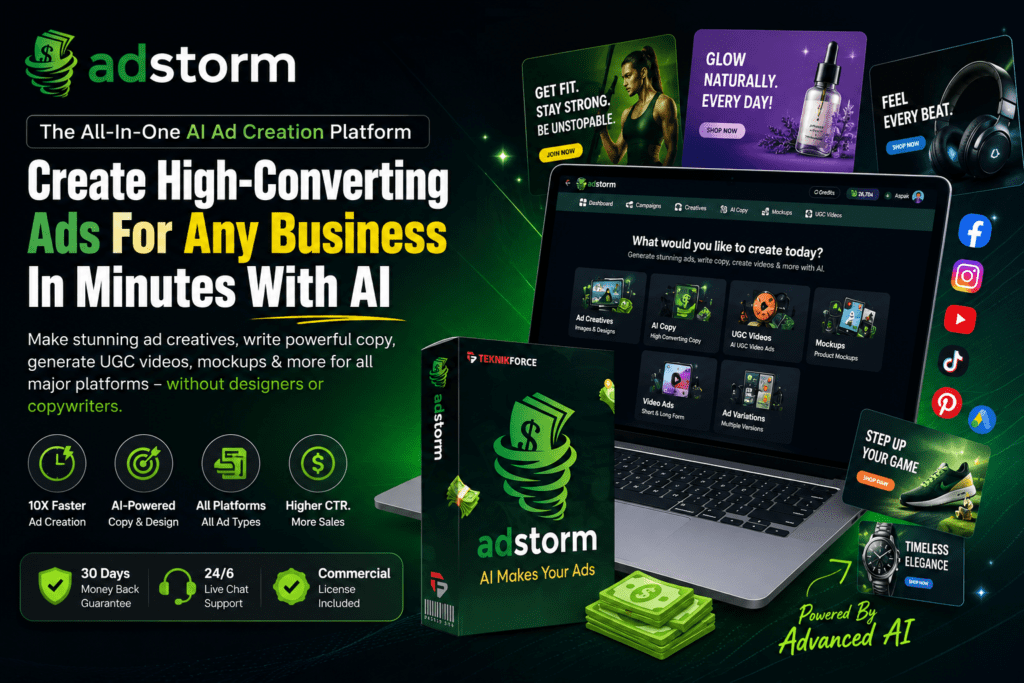 Adstorm AI hero banner showing the Adstorm dashboard, product box, laptop mockup, sample high-converting ads, and AI-powered ad creation platform for marketers, agencies, ecommerce sellers, and business owners.