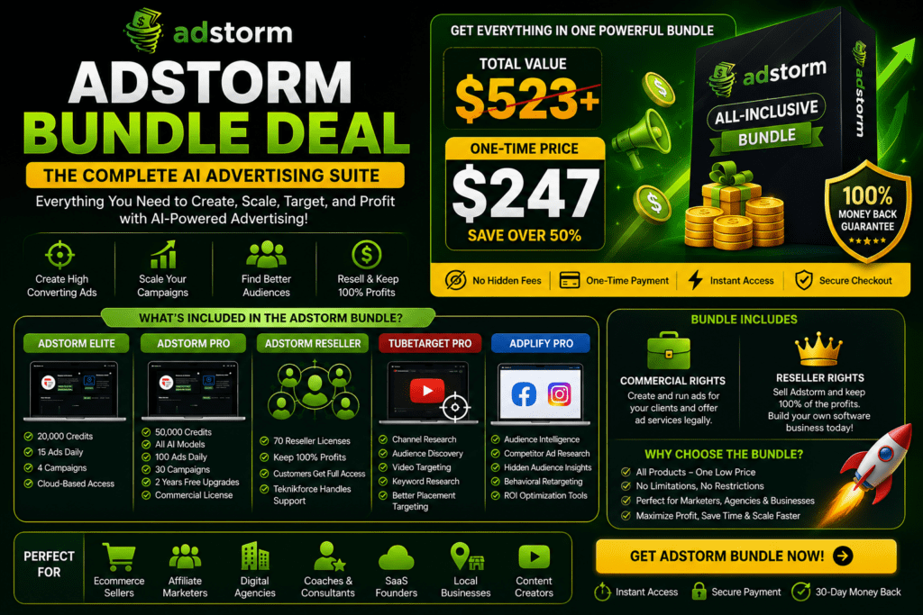 Adstorm Bundle Deal banner showing Adstorm Elite, Adstorm Pro, Adstorm Reseller, TubeTarget Pro, Adplify Pro, commercial rights, reseller rights, AI advertising tools, all-inclusive package, bonus upgrades, and complete Adstorm bundle for marketers, agencies, ecommerce sellers, and business owners.