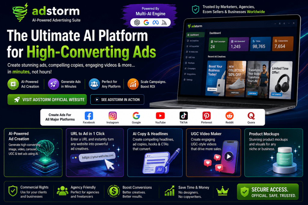 Adstorm official website banner showing the Adstorm AI dashboard, secure platform access, multi-AI advertising tools, URL-to-ad generator, AI copy creation, UGC video tools, product mockups, commercial rights, and multi-platform ad creation for marketers, agencies, ecommerce sellers, and business owners.